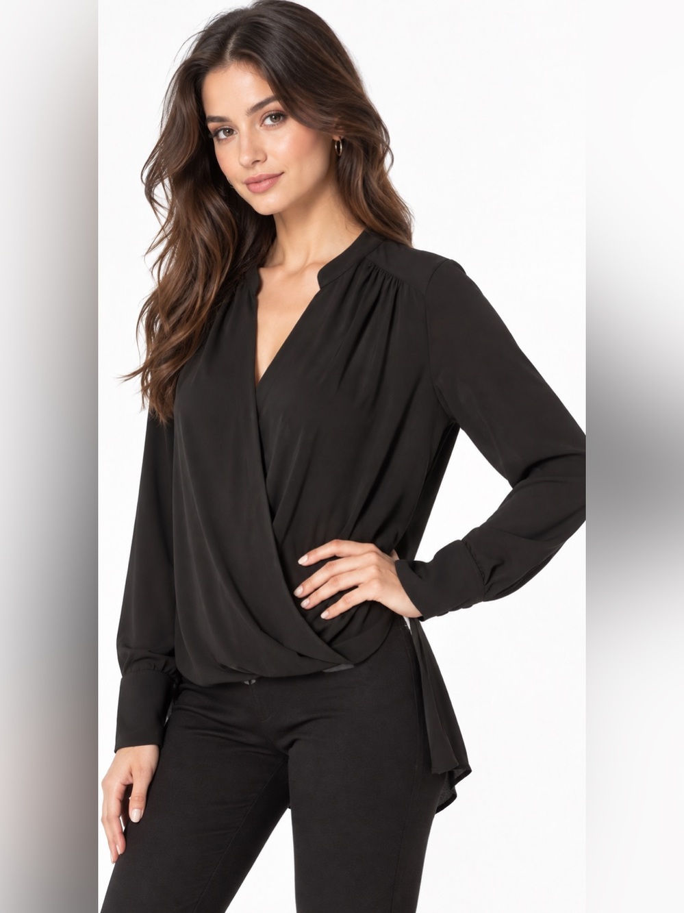 BCBG Black Wrap-Front Long Sleeve Blouse